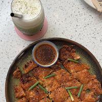 First dish from the korean menue & a matcha latte - so yummy!   at Nature's Charm in Bangkok