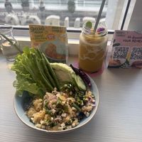 sticky rice and mango shake. Larb dish.  at Nature's Charm in Bangkok