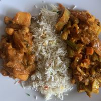 Mixed veg Curry, rice, side dish of potato & chickpea   at Khushma Cottage in Hitchin