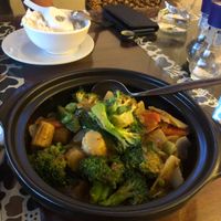 Satay veggies with lovely pieces of peanuts and a nice sauce.  at Woks Up in Tennant Creek