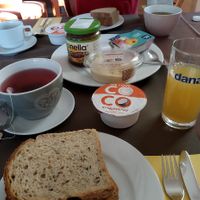 vegan breakfast: hummus, tartar spread, chocolate spread, coconut dessert, jam, rice milk, coffee, tea  at Hotel Zarja in Pohorje