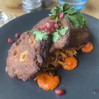 Appetiser - sweetcorn courgette fritters   at Ego Mediterranean in Lytham St Annes