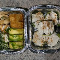 Sushi rolls, gyosas and crispy tofu (leftovers 😅)  at Kambo Vegan Sushi in Santiago