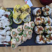 All stars combo + tropical almond rolls (the yellow ones) at Kambo Vegan Sushi in Santiago