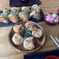Champi Furai and gyozas. Champi Furai was soggy and lacked taste. Gyozas are more like mini empanadas.  at Kambo Vegan Sushi in Santiago