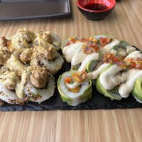 Left is full prot roll and right the Tropical roll  at Kambo Vegan Sushi in Santiago