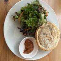 Mushroom pie with homemade tomato sauce/chutney  at Cafe Stepping Stone in Canberra