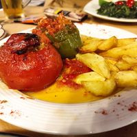 Gemista with potatoes (stuffed tomato and pepper) at Gia Mas Taverna in Poros