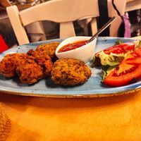 Zucchini balls and tomato balls with sweet tomato sauce at Gia Mas Taverna in Poros