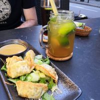 Gyozas and lemonade with green tea at Com Chay in Mannheim