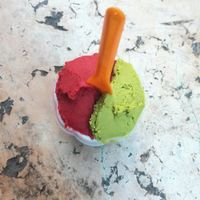 matcha and raspberry gelato. at Gelateria Stefino in Bologna