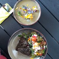 Vegan soup and bean meatballs at Stenbjerg Kro & Badehotel in Snedsted