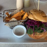 Lentil and chickpea hamburger with fried sweet potatoes  at Lido Beach Club  in Playa Del Carmen