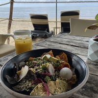 Vegan Chilaquiles with portobello added on  at Lido Beach Club  in Playa Del Carmen