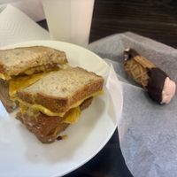 Sausage egg and cheese plus raspberry cannoli    at Jennifer Lee's Gourmet Bakery in Worcester