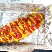 Jumbo hotdog at Awesome Chips in North London