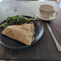 Gremlin crepe (mushroom, onion, hummus etc..,) and chai tea latte ... at The Root Note in La Crosse