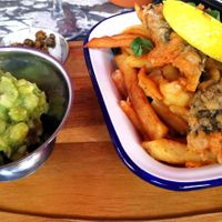 Mushy peas, tofish and chips

Vegan tartar to dip too! at The Gherkin in Manchester