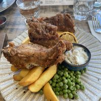 Vegan fish and chips (banana blossom)  at The Lighthouse   in Milford On Sea