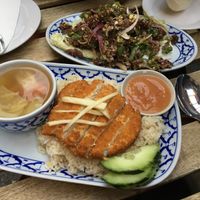 Vegan Khao Mun Gai Tod and impossible larb  at Glur in New York City