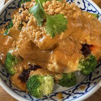 Vegan special with fried tofu and peanut sauce  at Glur in New York City