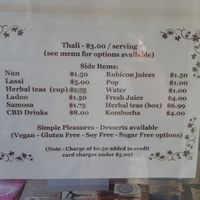 Current menu 9/4/2020 and much more offered.  I had all vegan... channa masala, sag tofu, tofu masala, samosa, rice, nan and peanut butter cake in two visits.  It was all awesome!! at Earthen Jar in Ann Arbor