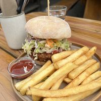 Vegan burger and chips  at Roots Bar in Takaka