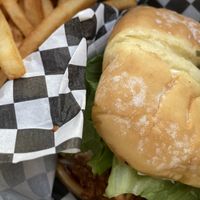 Chickun Burger with fries at The Bayside Cafe in Everett