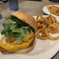 Fishless Burger w/ curly fries  at The Bayside Cafe in Everett