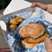 Chickun Ghost burger with fried pickles at The Bayside Cafe in Everett