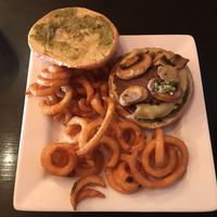 Bacun burger with curly fries at The Bayside Cafe in Everett