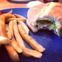 Fishless Filet and fries...so yummy. Bite taken so that the “fish” is more visible. :) at The Bayside Cafe in Everett