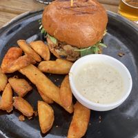 Jackfruit Burger (ask to get chips on the side)(Also there were more chips than this I was hungry) at Strawberry Tree in Kaikoura