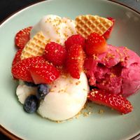 Sorbet dessert with pear, lemon and raspberry flavor at La Source du Barisart in Spa