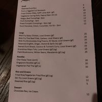 Bar menu, states “vegan” as “VG” and vegetarian is “V” at Embassy XO in Sunshine Beach