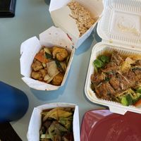 Clockwise: veggie duck, szechuan chicken, black pepper chicken, brown rice  at Garden Fresh in Palo Alto
