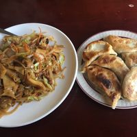 Veggie Chicken Chow Mein, and Vegetable Potstickers at Garden Fresh in Palo Alto