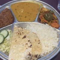 Vegan thali w/ eggplant and mixed veg curries, lentil dal, rice, slaw and chapati    at Pushap in Pierrefonds