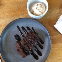 Vegan brownie and salted caramel ice cream at Plough & Harrow in Litlington
