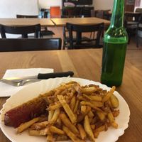 Currywurst and fries  at vego Foodworld in Berlin