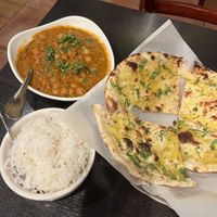 pindi chana masala with garlic naan and rice $15 (I asked for the fourth separate time and they said the naan is vegan and not made with yogurt. just make sure to ask for no butter at Curry & More in San Diego