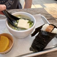 Pickled radish, miso soup, atsuage onigiri   at Okome House in Minneapolis