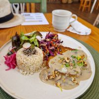 Gebratener Tofu mit Reis und kleinem Salat at Orelha d'Elefante in Ponte De Lima