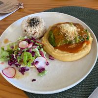 Veggies and smoked tofu in cabbage on lentil purée  at Orelha d'Elefante in Ponte De Lima