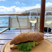 Vegan sandwich hummus, lettuce and tomato at Bikini Cafe in Baska