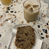 iced nitro latte and vegan banana bread  at Szimply in Budapest