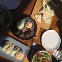Salad, falafel, hummus, veggie spreads, pita, spring rolls mmm  at Nook in Stari Grad