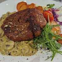 Vegan steak with mushroms and sweet potato at Plant Power in Novi Sad