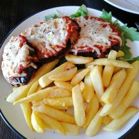Eggplant parmigiana and chips 👌 at Dfrent Cafe in Victoria Park