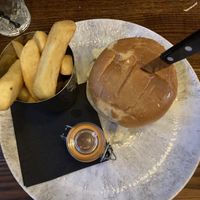 Vegan burger, comes with chips and salsa   at Ye Olde Fleece Inn in Kendal